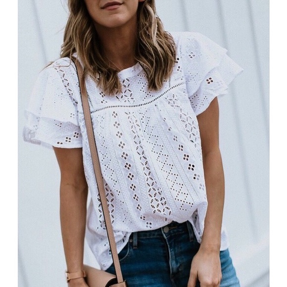 Pleione Tops - Red Flutter Sleeve Eyelet Top {Small Petite}